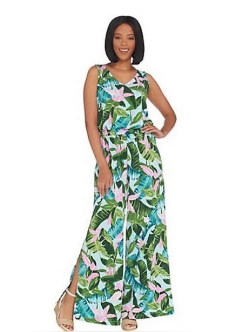 G.I.L.I. Jetsetter Sleeveless Wide Leg Side Slit Tropical Jumpsuit Sz S